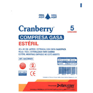 Compresas de gasa estéril 45 x 45cm con hilo azul radiopaco, Kit de 5 unidades.
