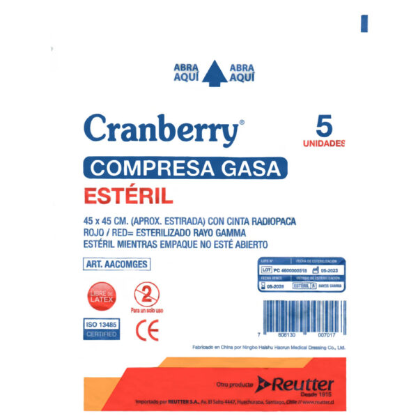 Compresas de gasa estéril 45 x 45cm con hilo azul radiopaco, Kit de 5 unidades.