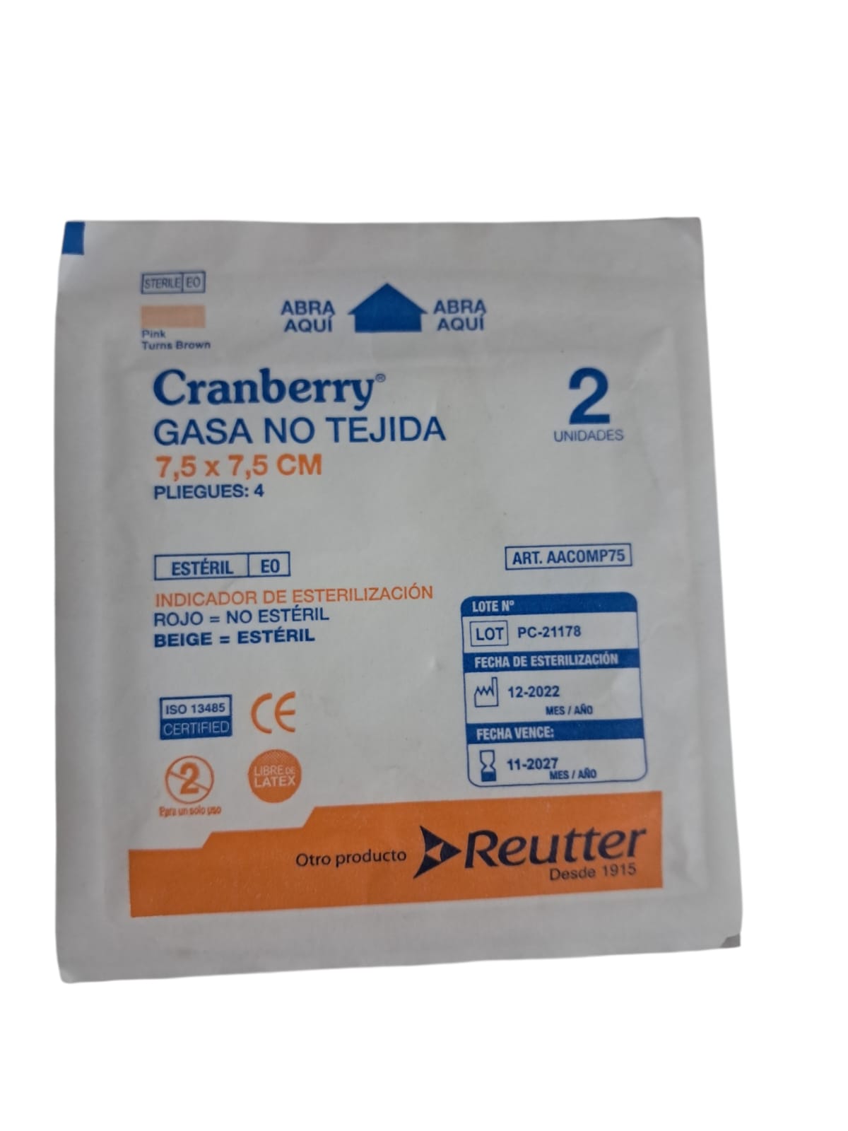 Gasa No Tejida 7.5 x 7.5 Cramberry (Sobre x 2 unidades)